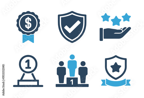 Quality Assurance and Success Icon Set – Solid Glyph Series with Certification, Approval, Achievement, Performance, and Business Excellence Symbols