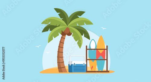 Tropical Beach Scene with Palm Tree and Surfboards.