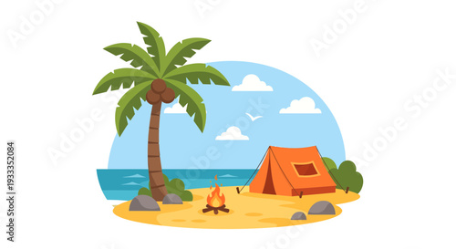 Tropical Island Camping Scene with Palm Tree and Tent.