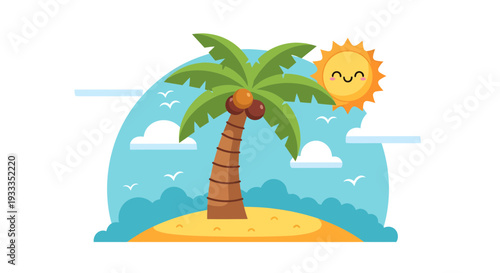 Tropical Palm Tree with Coconuts Under Sunny Sky.
