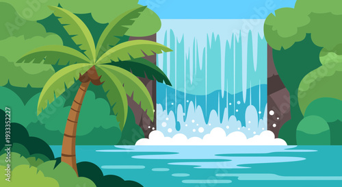 Tropical Waterfall Paradise with Lush Greenery.