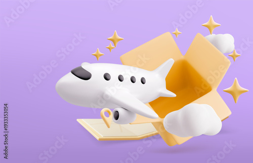 Cargo delivery services for airplane flights. 3D cartoon vector banner design. Order delivery. White commercial jet carrying a box of parcels.