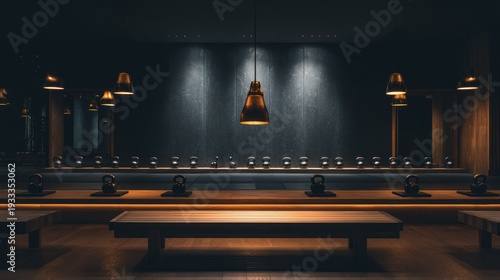 Interior space for functional fitness training featuring rows of weights and warm illumination