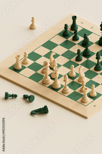 3D render of chessboard mid-game with captured pieces