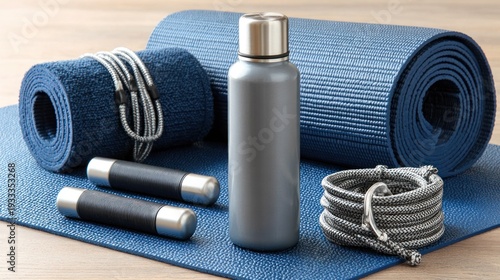 Assortment of fitness equipment and accessories rests upon a textured exercise mat