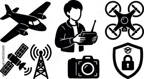 Flat vector drone and aircraft icon set showing pilot controller satellite antenna camera and security shield in silhouette white background