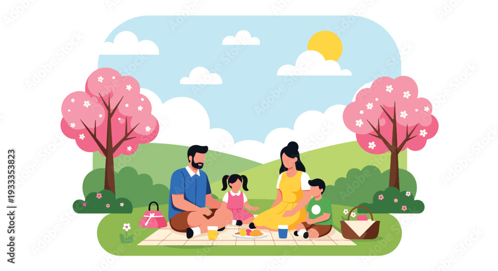 Obraz premium Modern vector illustration of happy family enjoying spring picnic in blooming park with parents and children relaxing on blanket, flowers and sunny nature. Seasonal holiday lifestyle concept