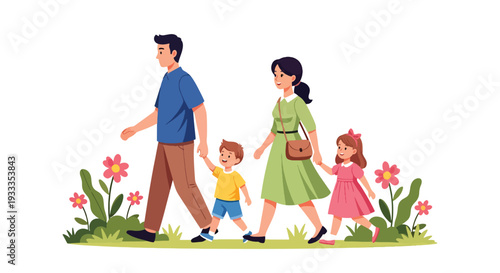 Modern vector illustration of family walking together under blooming spring trees in city park. Seasonal holiday outdoor lifestyle concept with parents and children enjoying warm weather nature