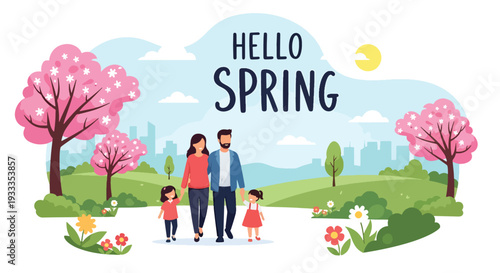 Modern vector illustration of family walking together under blooming spring trees in city park. Seasonal holiday outdoor lifestyle concept with parents and children enjoying warm weather nature