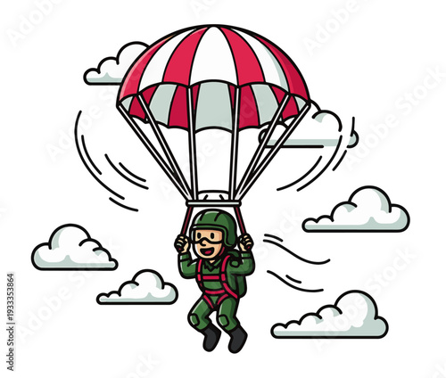 Excited parachutist in green gear descends with red and white parachute