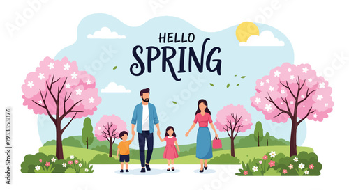 Modern vector illustration of family walking together under blooming spring trees in city park. Seasonal holiday outdoor lifestyle concept with parents and children enjoying warm weather nature