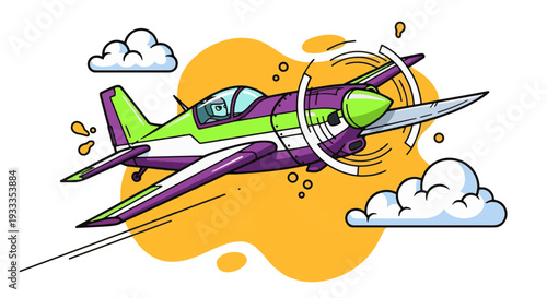 Vibrant cartoon airplane flying through colorful clouds
