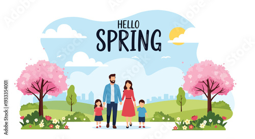 Modern vector illustration of family walking together under blooming spring trees in city park. Seasonal holiday outdoor lifestyle concept with parents and children enjoying warm weather nature