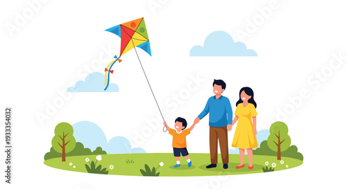 Modern vector illustration of family flying colorful kite in spring meadow with blooming flowers and blue sky. Happy parenting and outdoor seasonal holiday activity concept for family bonding lifestyl