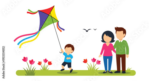 Modern vector illustration of family flying colorful kite in spring meadow with blooming flowers and blue sky. Happy parenting and outdoor seasonal holiday activity concept for family bonding lifestyl