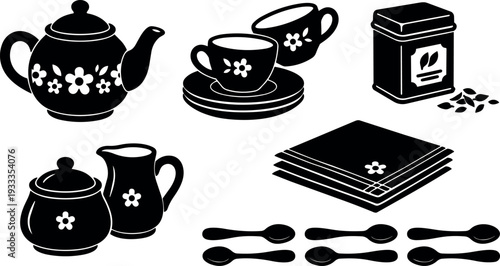 Flat design black teapot and cups set with floral pattern spoons napkins and tea canister top view serving scene arrangement