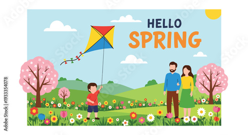 Modern vector illustration of family flying colorful kite in spring meadow with blooming flowers and blue sky. Happy parenting and outdoor seasonal holiday activity concept for family bonding lifestyl