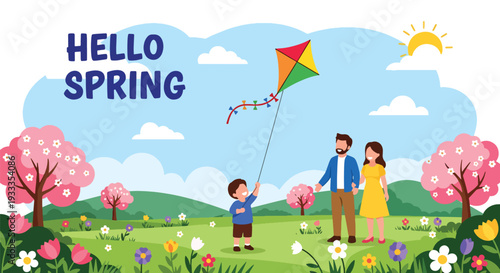 Modern vector illustration of family flying colorful kite in spring meadow with blooming flowers and blue sky. Happy parenting and outdoor seasonal holiday activity concept for family bonding lifestyl