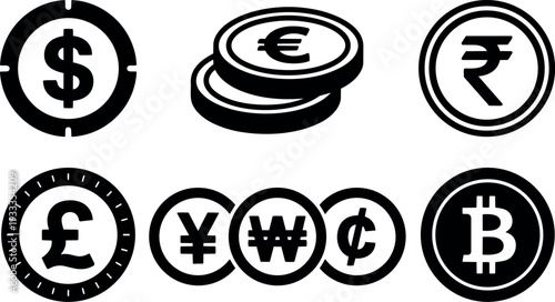 Flat design minimal currency coin icons set showing dollar euro pound rupee yen won cent and bitcoin symbols close up