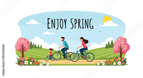 Modern vector illustration of family riding bicycles together on spring countryside path with blooming flowers. Healthy outdoor holiday activity and active lifestyle bonding concept