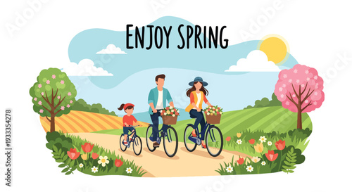 Modern vector illustration of family riding bicycles together on spring countryside path with blooming flowers. Healthy outdoor holiday activity and active lifestyle bonding concept