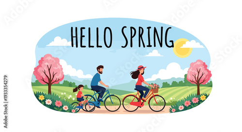 Modern vector illustration of family riding bicycles together on spring countryside path with blooming flowers. Healthy outdoor holiday activity and active lifestyle bonding concept