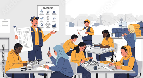 Diverse students engaged in a STEM education workshop with instructor.