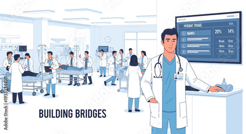 Doctor presenting medical data on a large screen in a hospital setting.