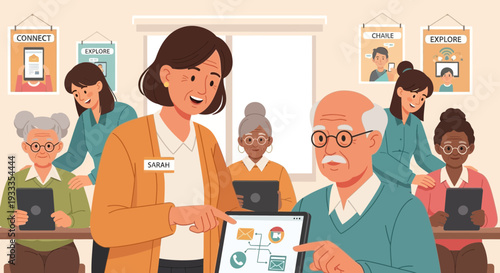 Elderly people learning to use tablets with instructor.