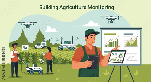 Farmer presenting modern agriculture technology with drones and robots.