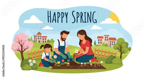 Modern vector illustration of family planting flowers together in home garden during spring season. Parenting bonding, eco lifestyle and outdoor activity concept with parents teaching children