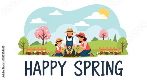 Modern vector illustration of family planting flowers together in home garden during spring season. Parenting bonding, eco lifestyle and outdoor activity concept with parents teaching children