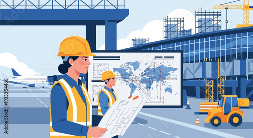 Female construction engineer reviewing blueprints at airport site.