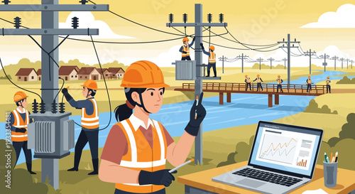 Female electrician working on power lines with laptop.