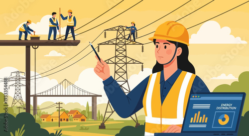 Female engineer with laptop and safety vest pointing.