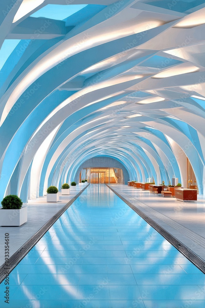 Fototapeta premium Futuristic blue tunnel corridor with arched arches and glowing lines leading to a modern lounge area