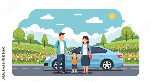 Modern vector illustration of family enjoying spring road trip with car parked near blooming field. Travel holiday lifestyle concept with parents and children relaxing in seasonal nature scenery