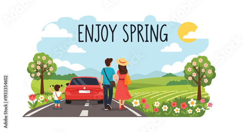 Modern vector illustration of family enjoying spring road trip with car parked near blooming field. Travel holiday lifestyle concept with parents and children relaxing in seasonal nature scenery