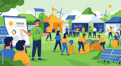 People at an environmental fair with solar panels and wind turbines.