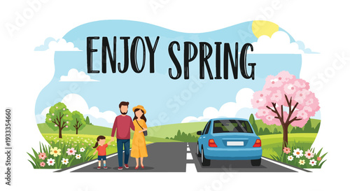 Modern vector illustration of family enjoying spring road trip with car parked near blooming field. Travel holiday lifestyle concept with parents and children relaxing in seasonal nature scenery