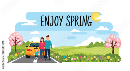Modern vector illustration of family enjoying spring road trip with car parked near blooming field. Travel holiday lifestyle concept with parents and children relaxing in seasonal nature scenery