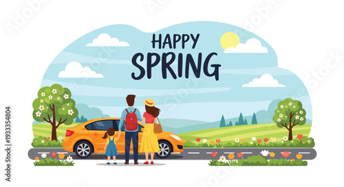Modern vector illustration of family enjoying spring road trip with car parked near blooming field. Travel holiday lifestyle concept with parents and children relaxing in seasonal nature scenery