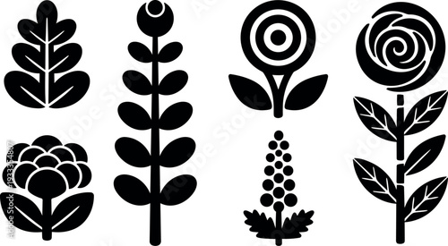 Flat design bold floral silhouette set close up row of six stylized flowers and leaves black icons isolated vector collection