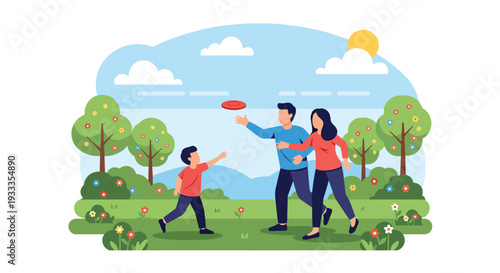 Modern vector illustration of family playing frisbee together in sunny spring park. Active outdoor lifestyle and parenting bonding concept with happy children and parents enjoying holiday time