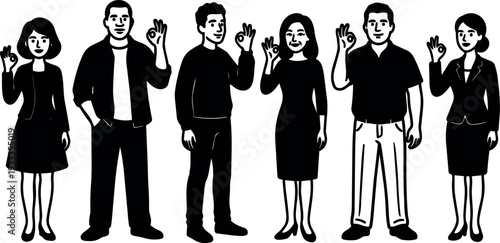 Line art vector group of six people standing showing ok hand sign various outfits looking at camera smiling front view