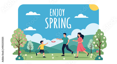 Modern vector illustration of family playing frisbee together in sunny spring park. Active outdoor lifestyle and parenting bonding concept with happy children and parents enjoying holiday time