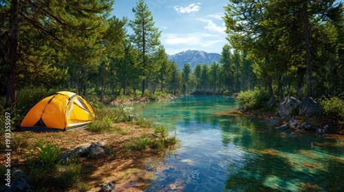 Yellow Tent by Clear Lake in Forest