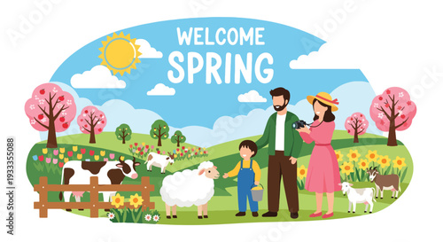 Modern vector illustration of family visiting countryside farm during spring holiday and feeding animals. Educational travel and outdoor bonding concept for parents and children lifestyle scene