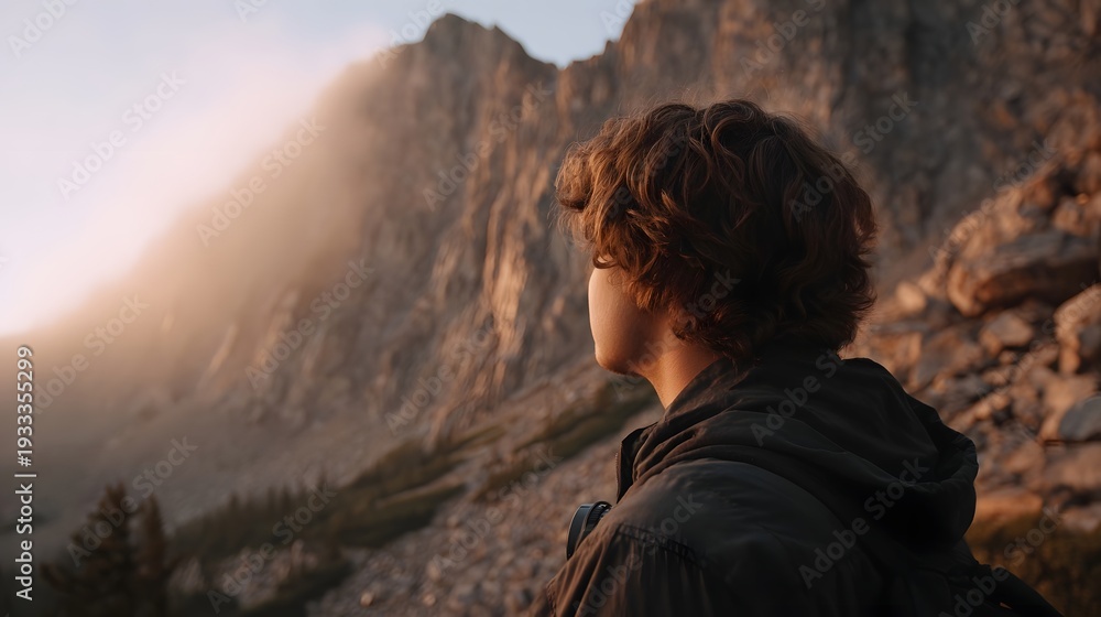 Fototapeta premium A person with curly hair looks towards a misty sunlit mountain range at golden hour
