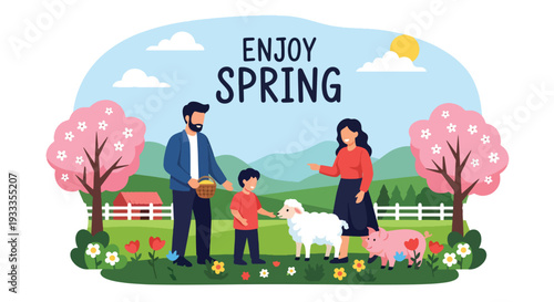 Modern vector illustration of family visiting countryside farm during spring holiday and feeding animals. Educational travel and outdoor bonding concept for parents and children lifestyle scene